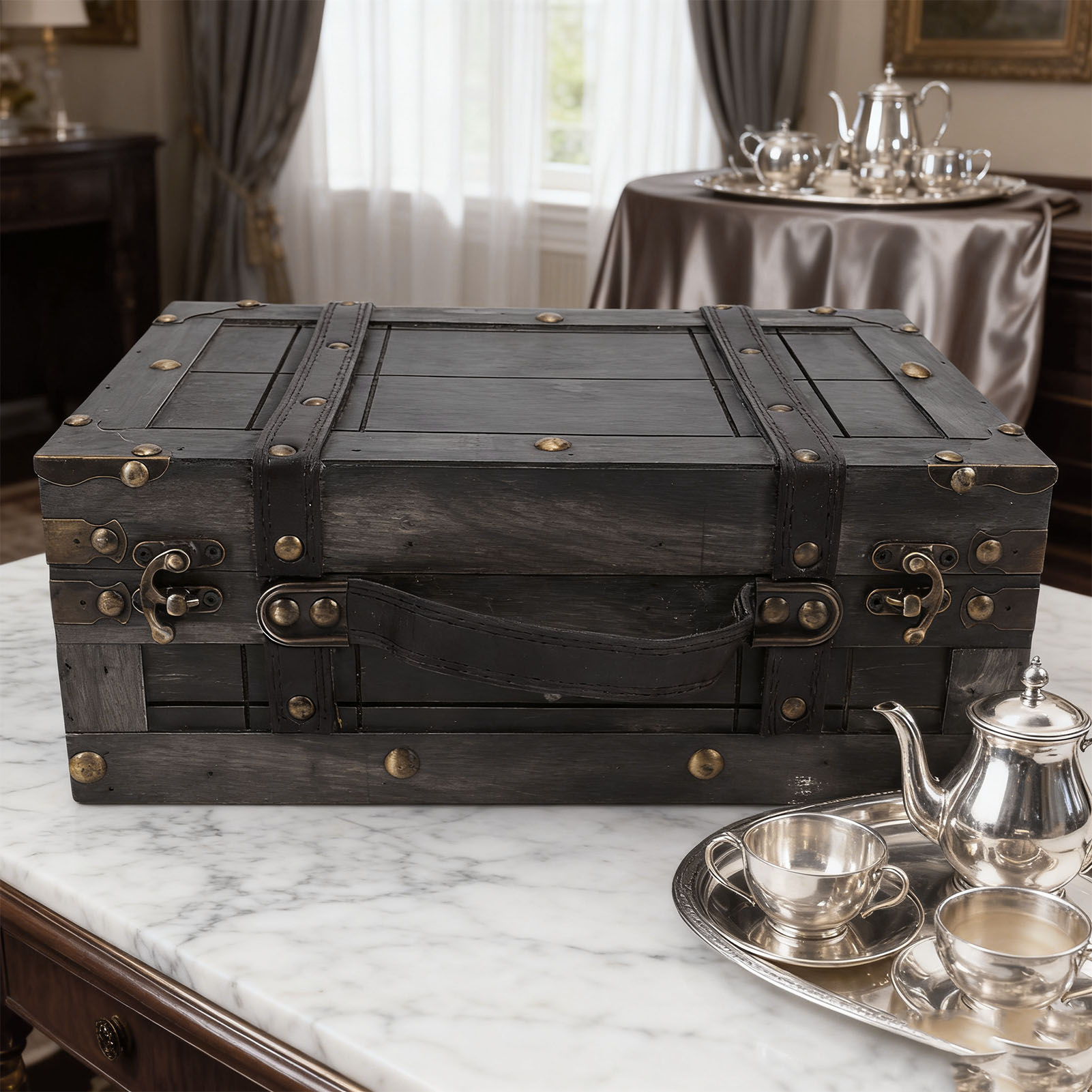 Retro Vintage Trunk Suitcase - صندوق تخزين خشبي عتيق بغطاء، حقيبة