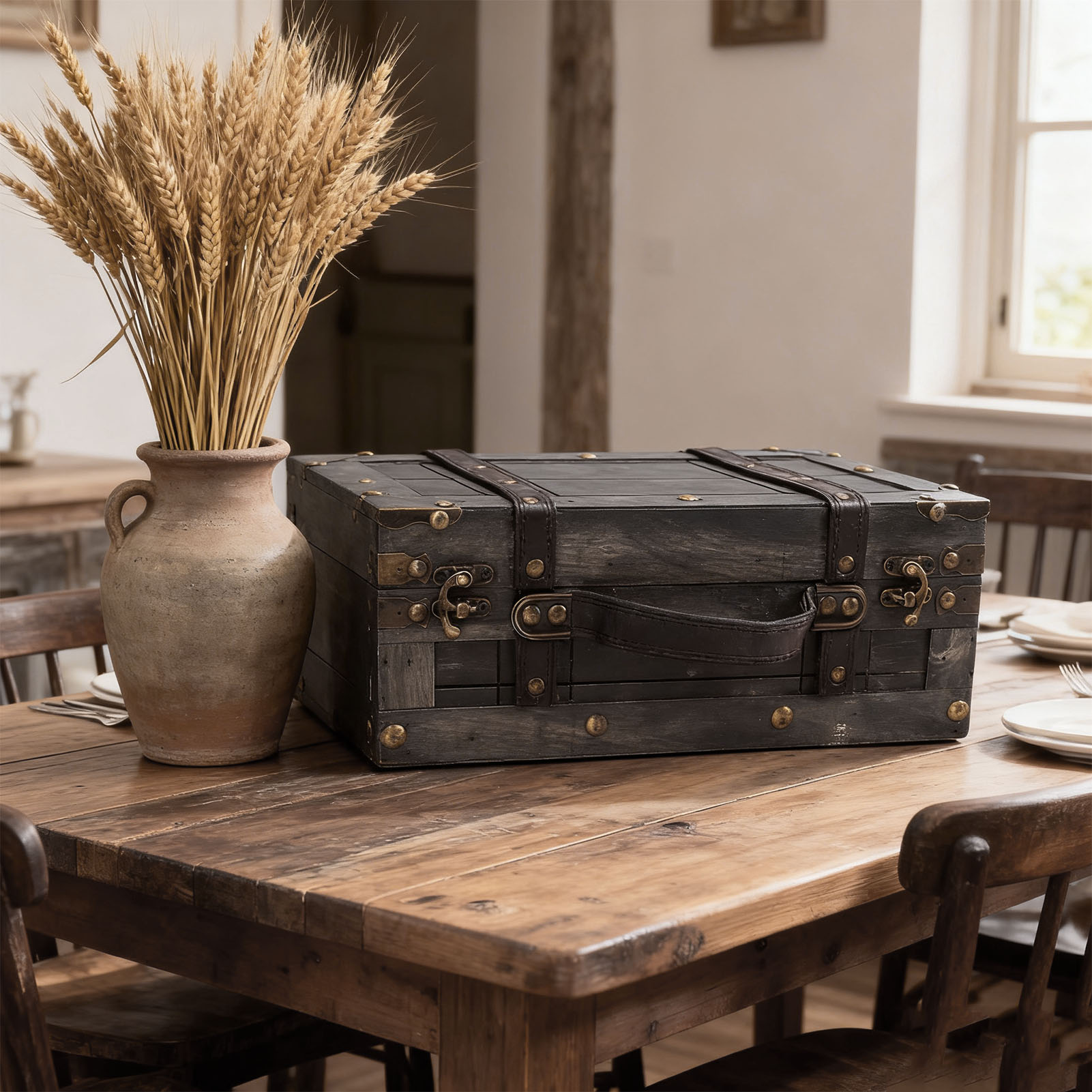 صندوق تخزين خشبي عتيق بغطاء، ح - مراجعة Retro Vintage Trunk Suitcase وسعره